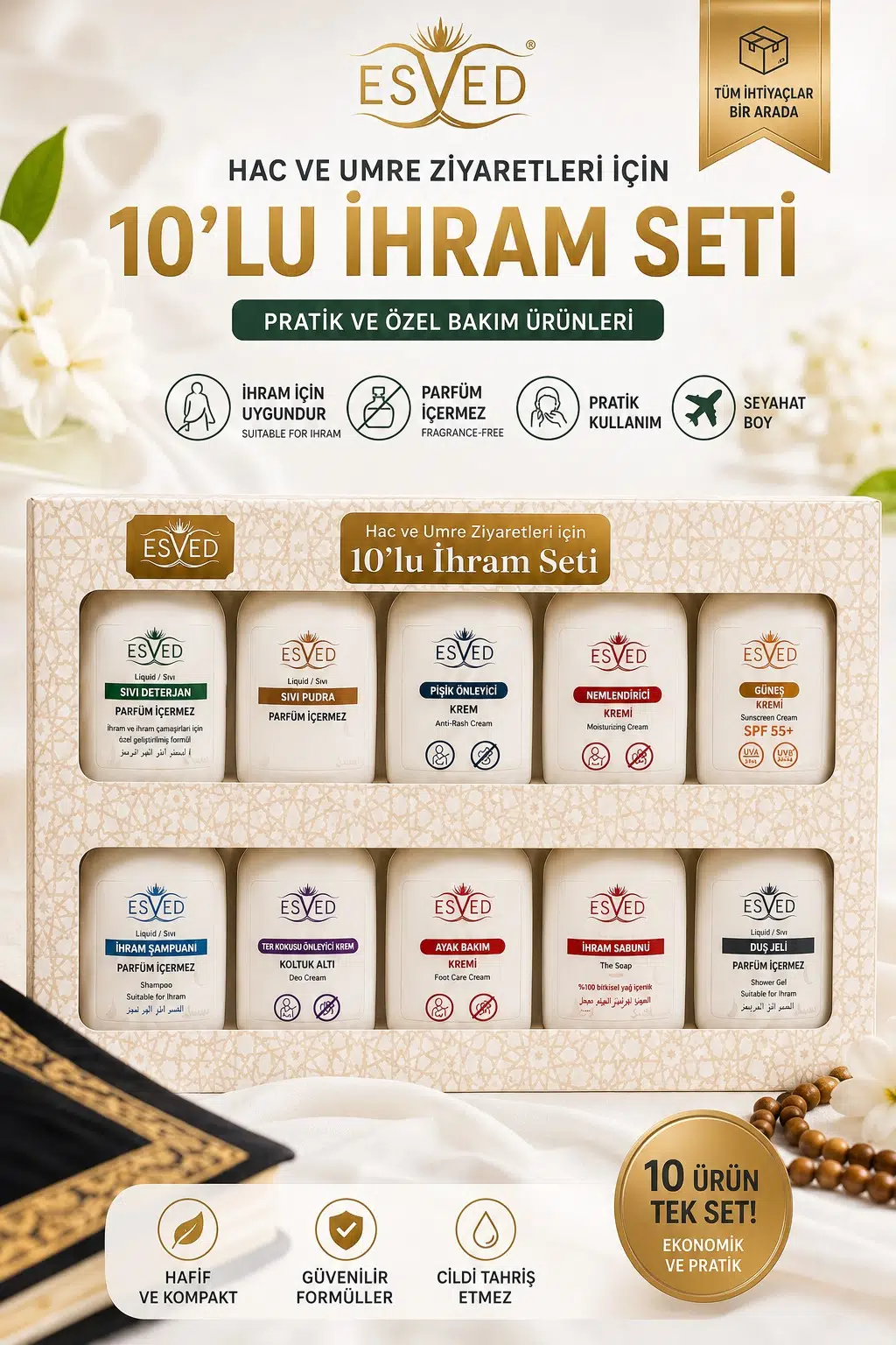 ESVED 10’lu İhram Seti – Hac ve Umre Bakım Seti | Parfümsüz İhram Bakım Ürünleri