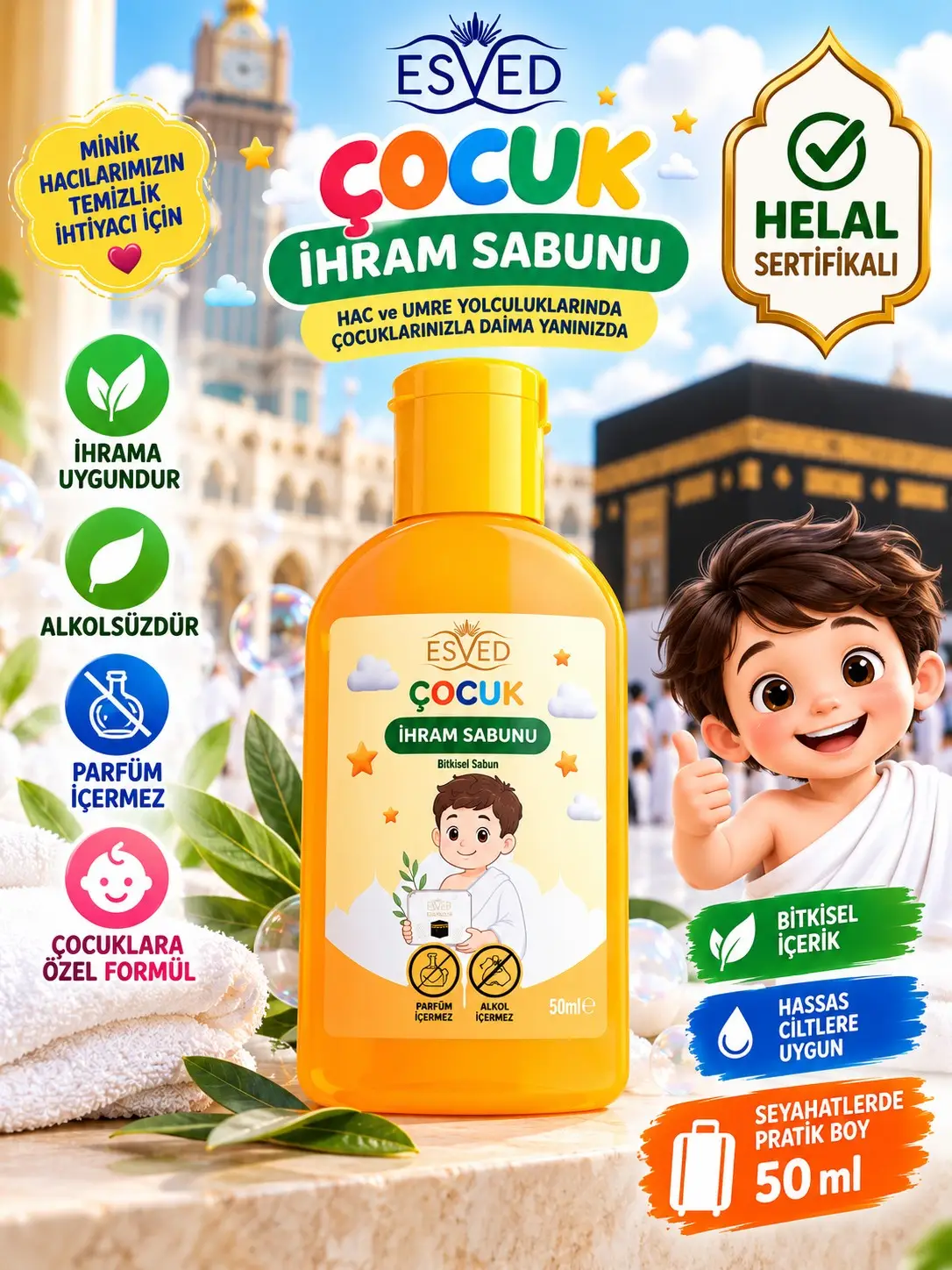 ESVED Çocuk İhram Sabunu 50 ml – Alkolsüz, Parfüm İçermeyen, Hac ve Umre İçin