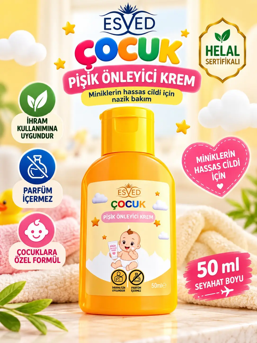 ESVED Çocuk Pişik Önleyici Krem 50 ml – Helal Sertifikalı, Parfüm İçermeyen, İhrama Uygun