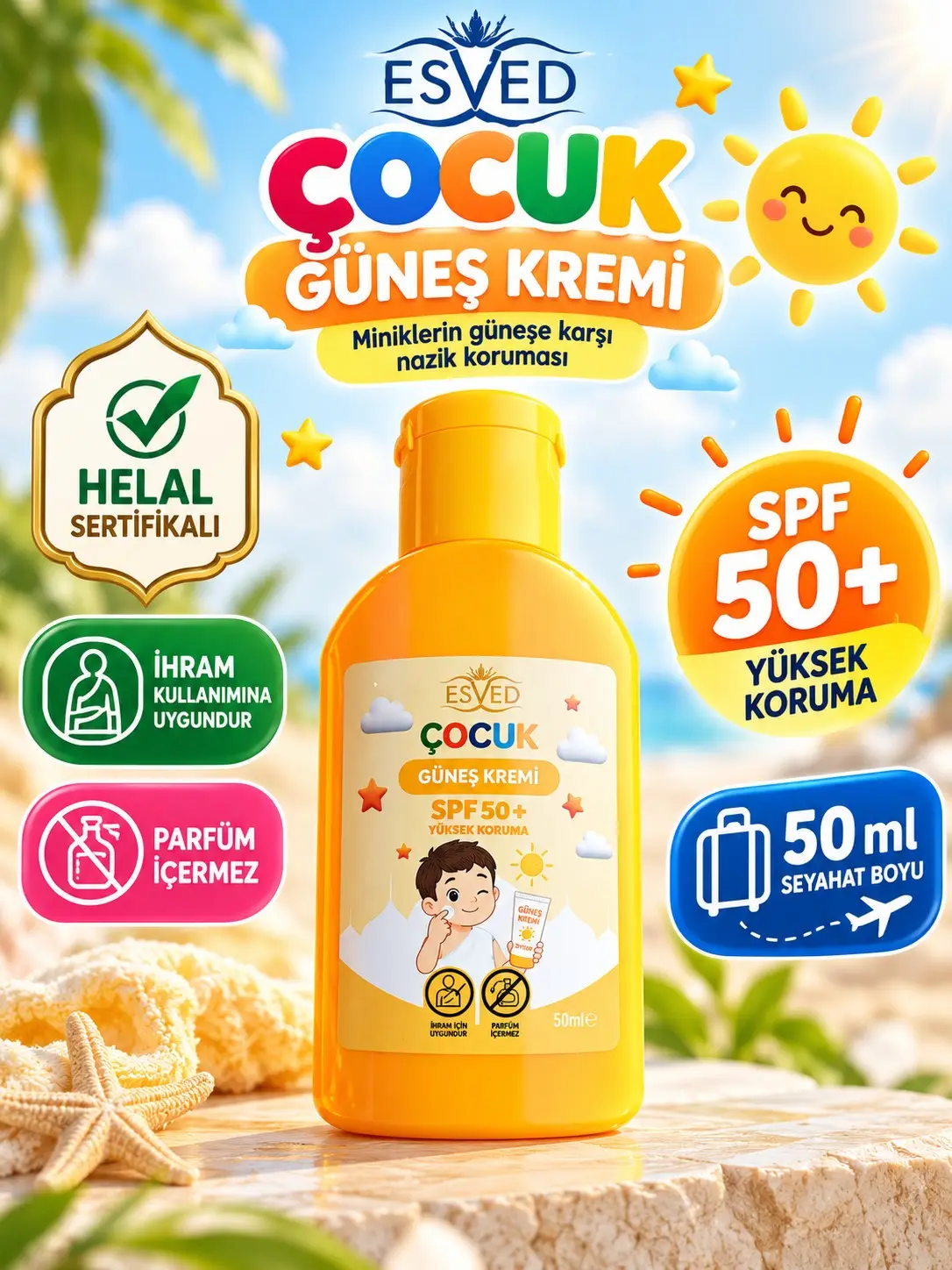 ESVED Çocuk Güneş Kremi SPF 50+ 50 ml – Helal Sertifikalı, Parfüm İçermeyen, İhrama Uygun