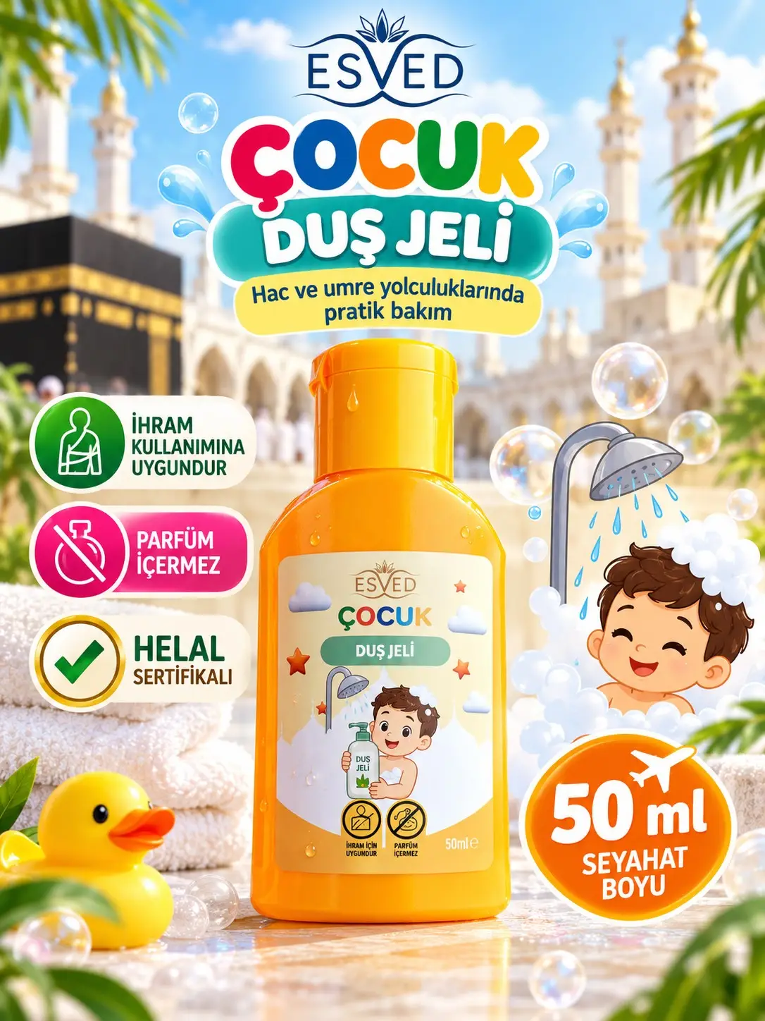 ESVED Çocuk Duş Jeli 50 ml – Helal Sertifikalı, Parfüm İçermeyen, İhrama Uygun Hac ve Umre Duş Jeli