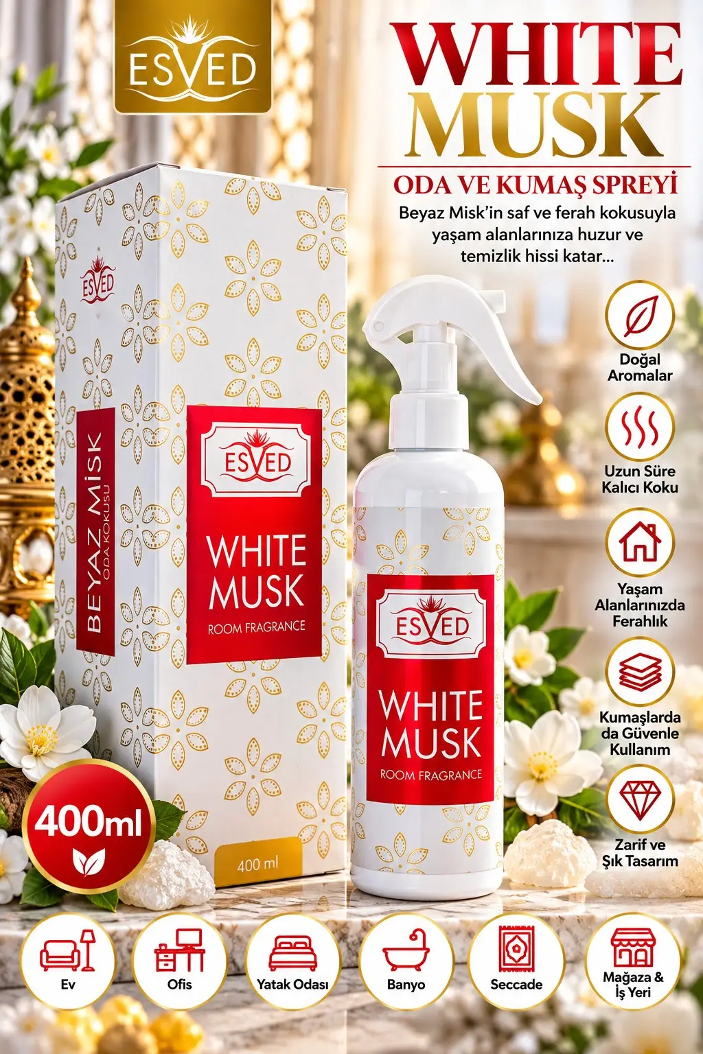 Beyaz Misk & White Musk Oda Ve Kumaş Spreyi Seccade Spreyi Oda Kokusu Koku 400 ml