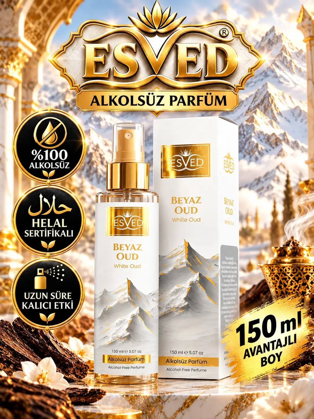 Beyaz Oud Kokusu Alkolsüz Parfüm 150 ml.