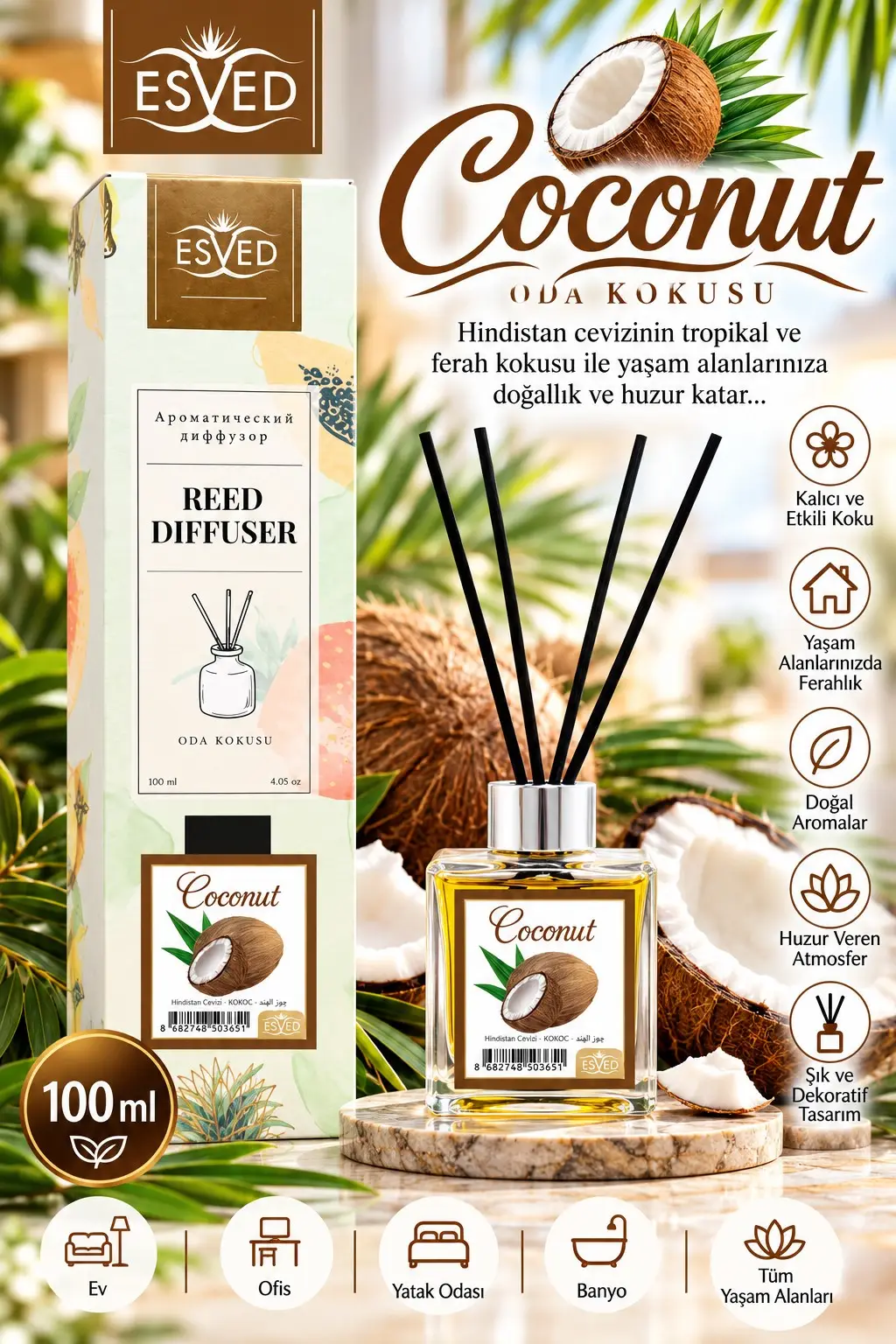 Hindistan Cevizi Kokusu 100 Ml Çubuklu Oda Kokusu Hindistan Cevizi Kokusu 100 Ml Çubuklu Oda Kokusu