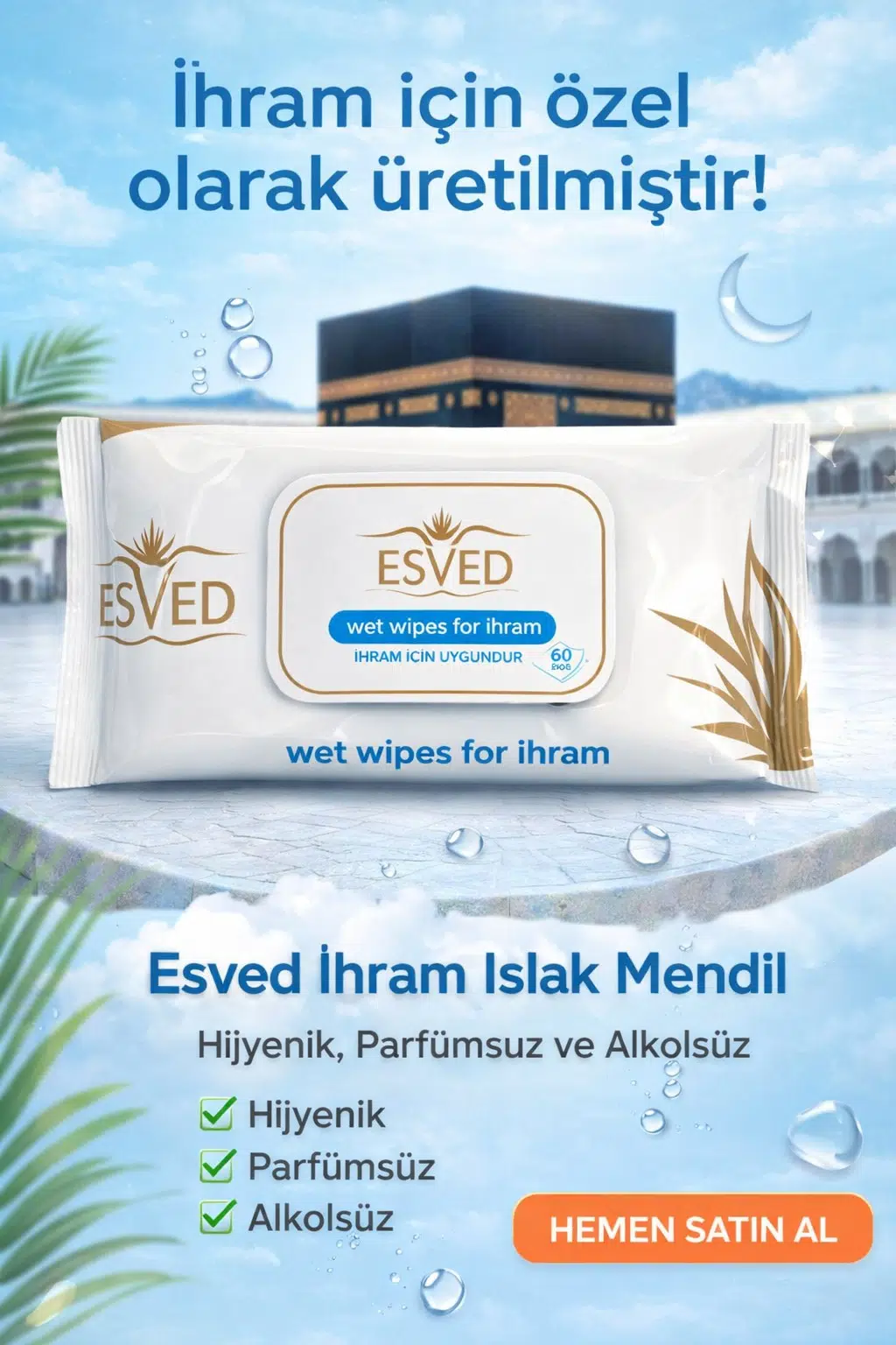 ihram için Kokusuz ıslak mendil 60 lı x 5 paket toplam 300 ıslak mendil