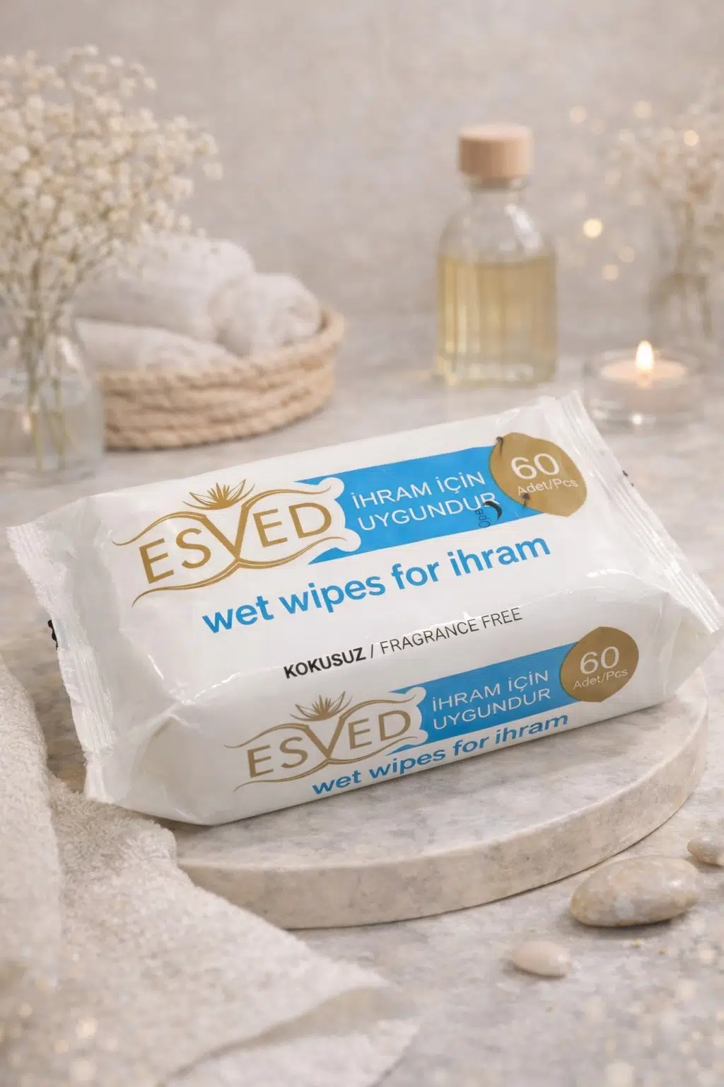 İhram İçin Kokusuz Islak Mendil 60’lı | Parfümsüz Hac ve Umre Uyumlu Esved Hijyen Mendili