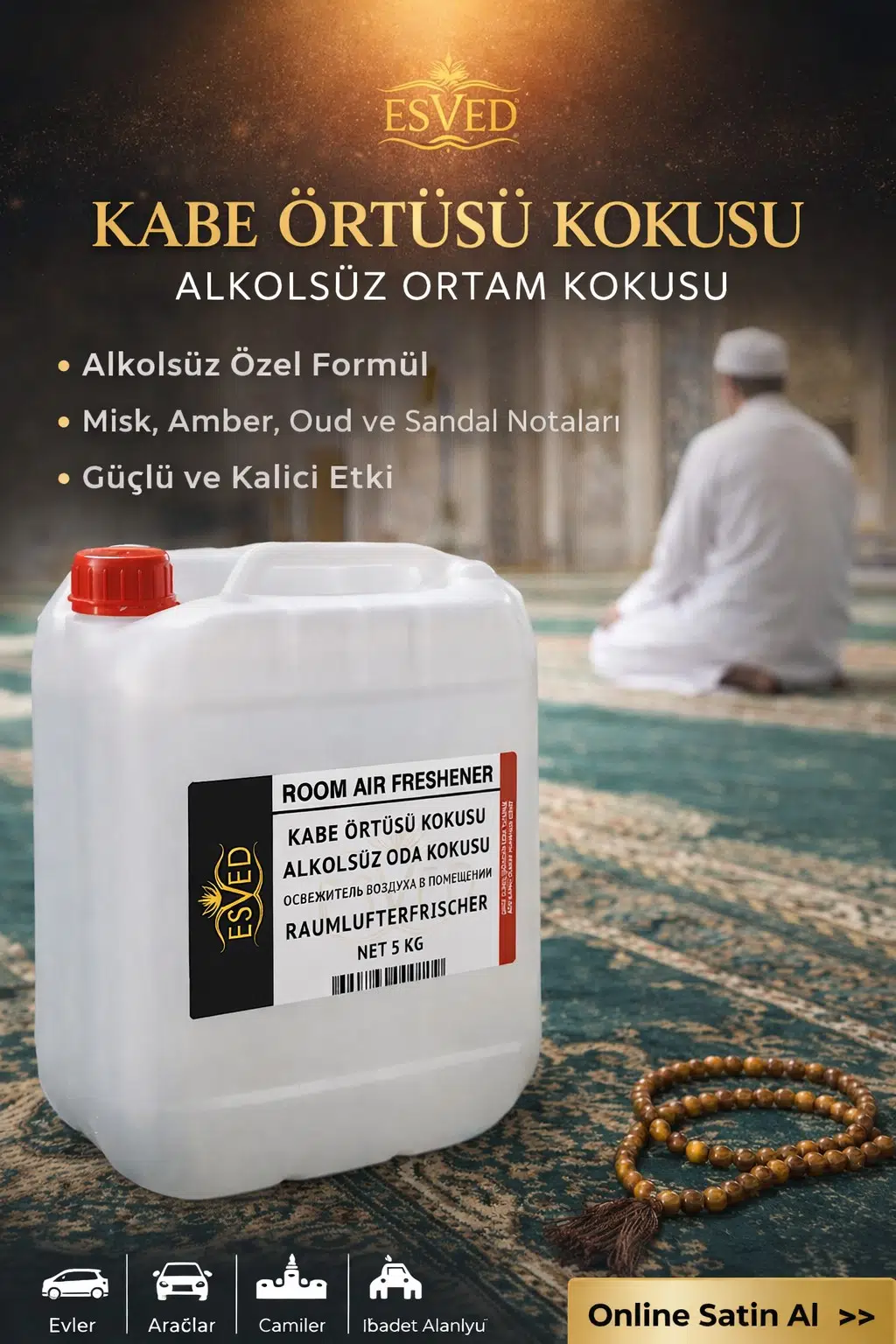 Kabe Örtüsü Kokusu Alkolsüz Ortam Kokusu 5 Litre – Premium Kalıcı Ev, Araç ve İbadet Kokusu
