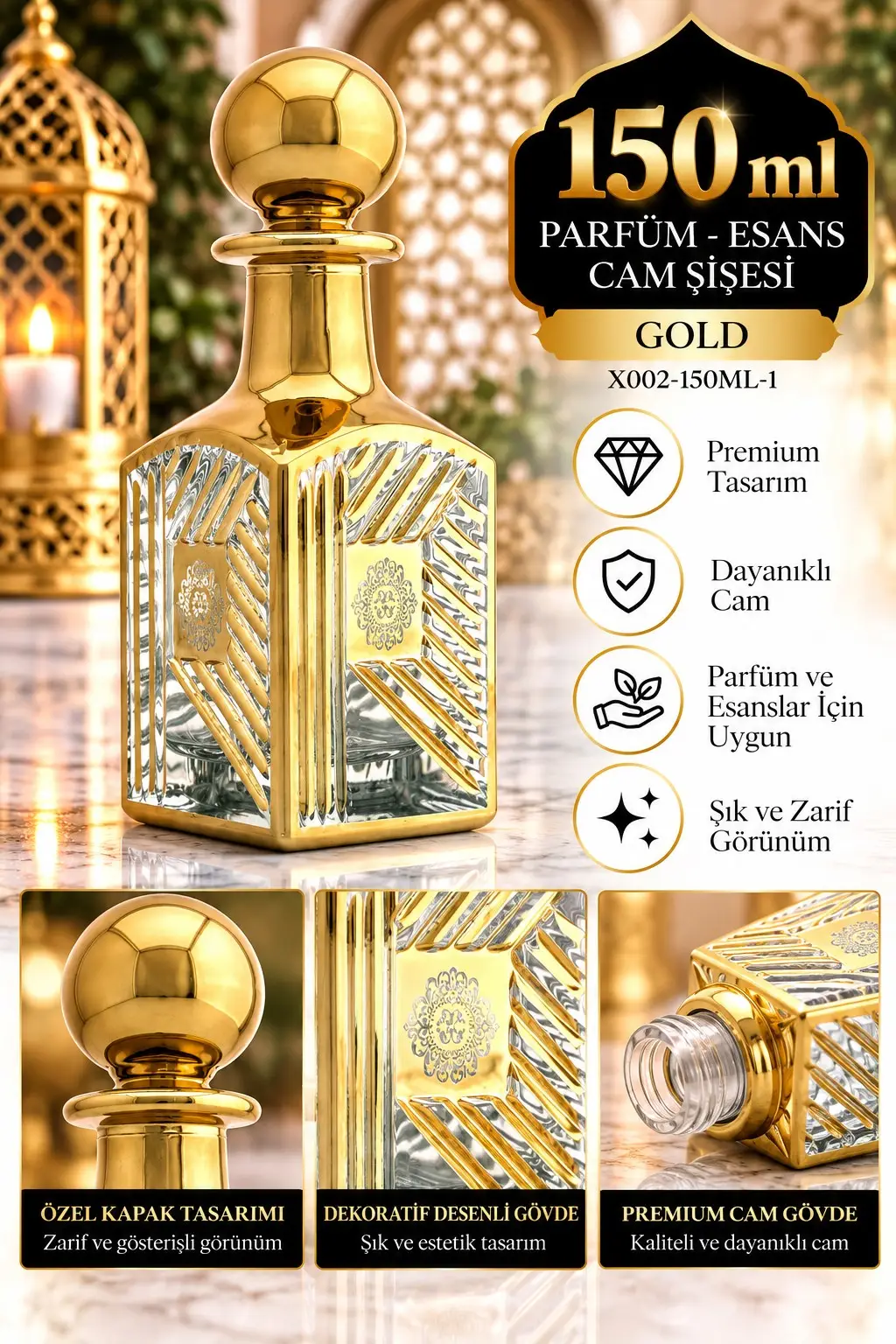 Parfüm Esans Cam Şişesi Gold Boş Esans Cam Şişesi Dekorotif Vitrin Şişesi 150 Ml. X002-150ML-1