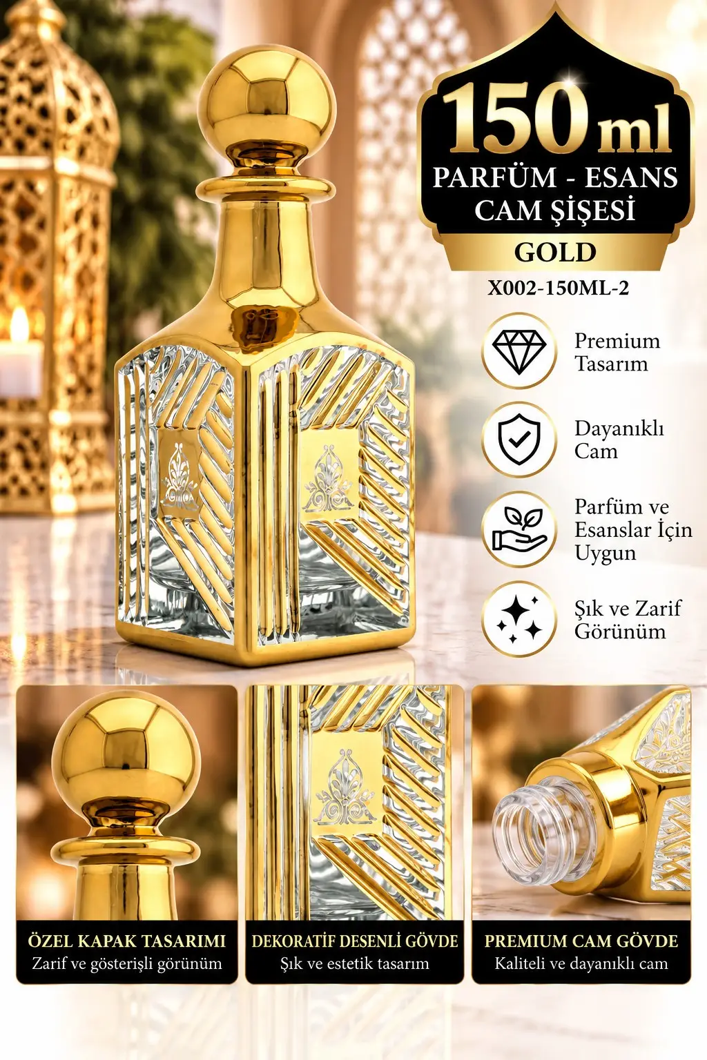 Parfüm Esans Cam Şişesi Gold Boş Esans Cam Şişesi Dekorotif Vitrin Şişesi 150 Ml. X002-150ML-2 Parfüm Esans Cam Şişesi Gold Boş Esans Cam Şişesi Dekorotif Vitrin Şişesi 150 Ml. X002-150ML-2