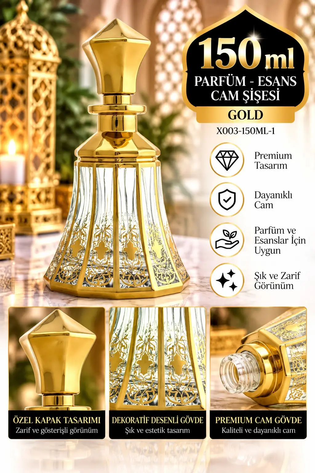 Parfüm Esans Cam Şişesi Gold Boş Esans Cam Şişesi Dekorotif Vitrin Şişesi 150 Ml. X003-150ML-1 Parfüm Esans Cam Şişesi Gold Boş Esans Cam Şişesi Dekorotif Vitrin Şişesi 150 Ml. X003-150ML-1