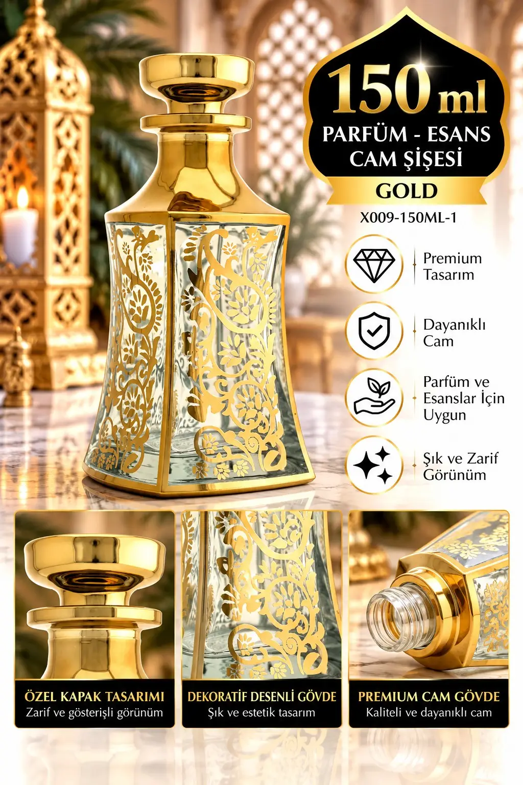 Parfüm Esans Cam Şişesi Gold Boş Esans Cam Şişesi Dekorotif Vitrin Şişesi 150 Ml. X009-150ML-1 Parfüm Esans Cam Şişesi Gold Boş Esans Cam Şişesi Dekorotif Vitrin Şişesi 150 Ml. X009-150ML-1