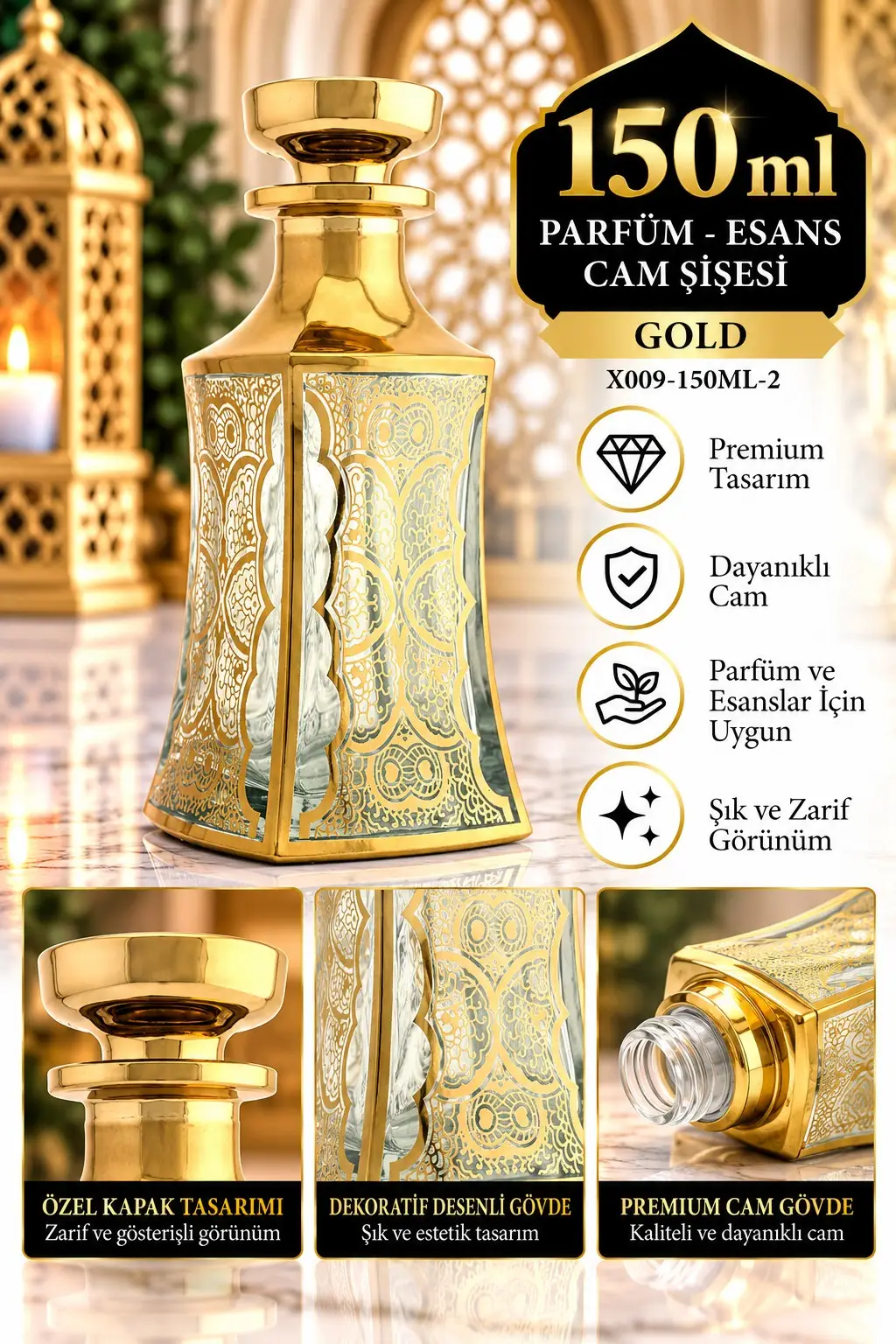 Parfüm Esans Cam Şişesi Gold Boş Esans Cam Şişesi Dekorotif Vitrin Şişesi 150 Ml. X009-150ML-2 Parfüm Esans Cam Şişesi Gold Boş Esans Cam Şişesi Dekorotif Vitrin Şişesi 150 Ml. X009-150ML-2