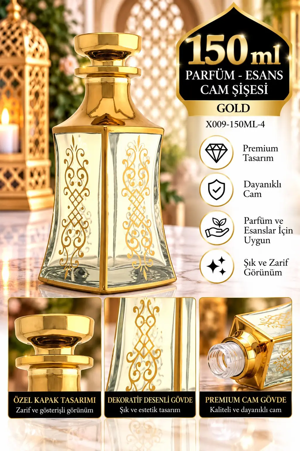 Parfüm Esans Cam Şişesi Gold Boş Esans Cam Şişesi Dekorotif Vitrin Şişesi 150 Ml. X009-150ML-4 Parfüm Esans Cam Şişesi Gold Boş Esans Cam Şişesi Dekorotif Vitrin Şişesi 150 Ml. X009-150ML-4