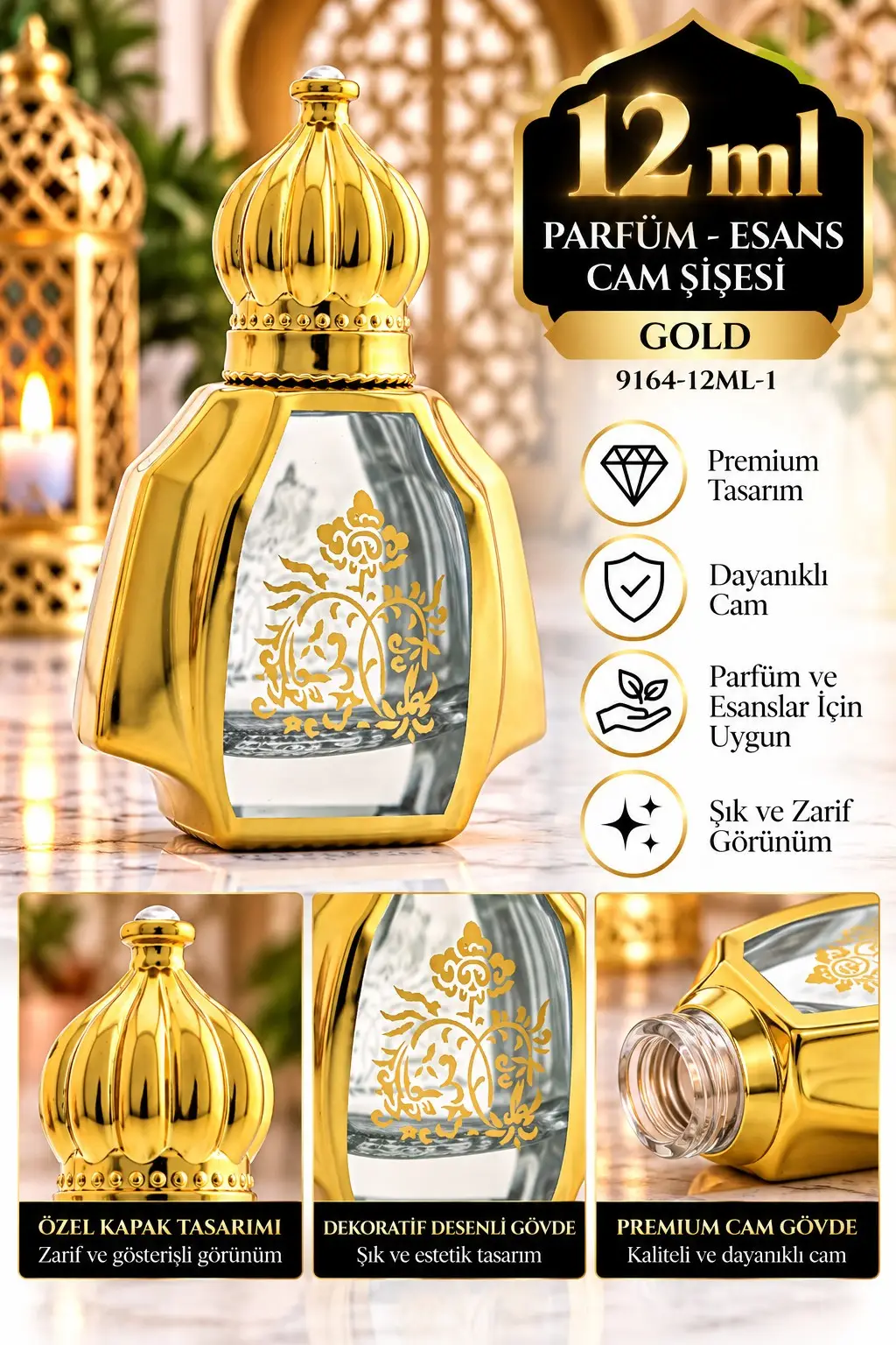 Parfüm Esans Cam Şişesi Gold Boş Esans Şişesi 12 Ml. Premium 9164-12ML-1 Parfüm Esans Cam Şişesi Gold Boş Esans Şişesi 12 Ml. Premium 9164-12ML-1