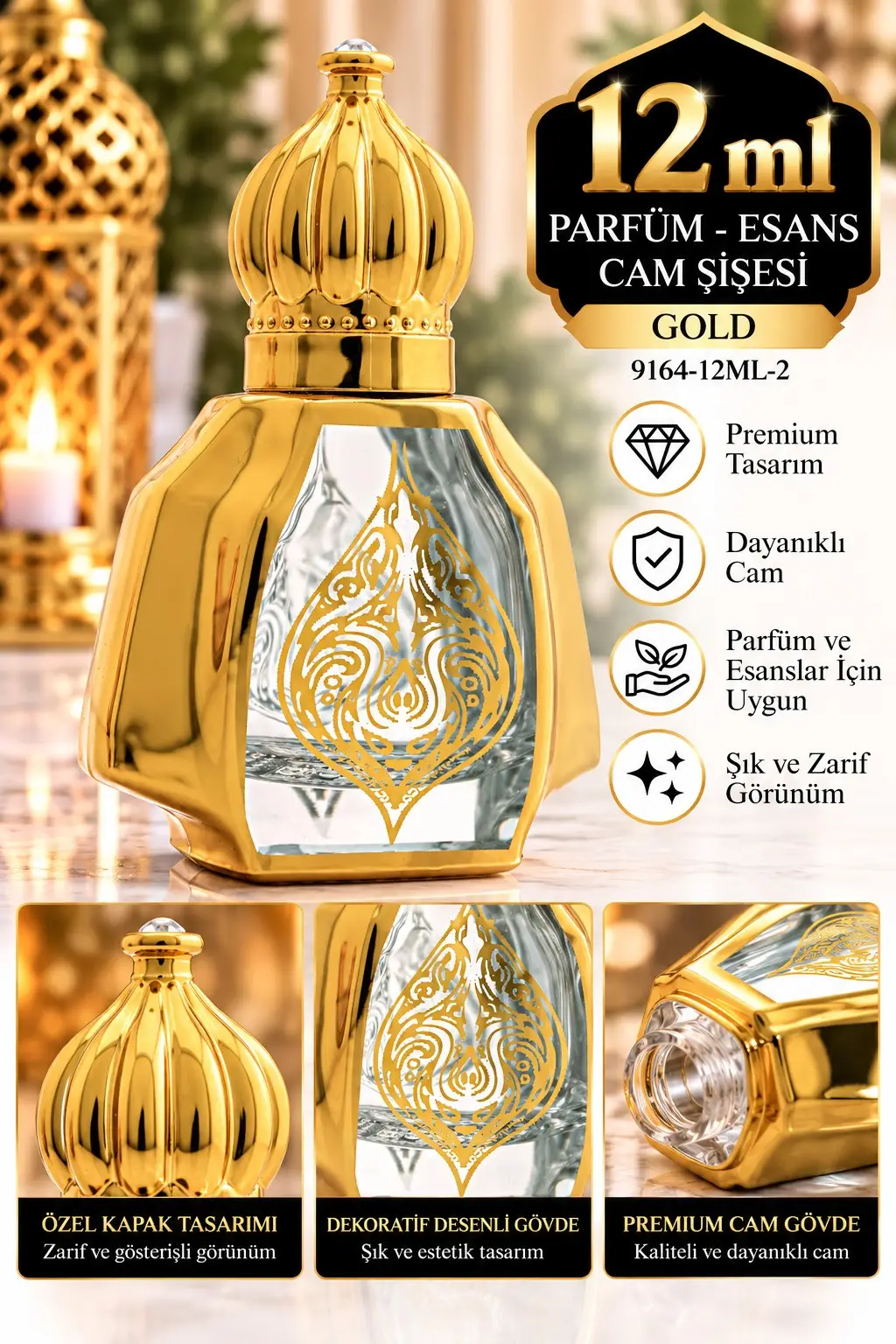 Parfüm Esans Cam Şişesi Gold Boş Esans Şişesi 12 Ml. Premium 9164-12ML-2 Parfüm Esans Cam Şişesi Gold Boş Esans Şişesi 12 Ml. Premium 9164-12ML-2