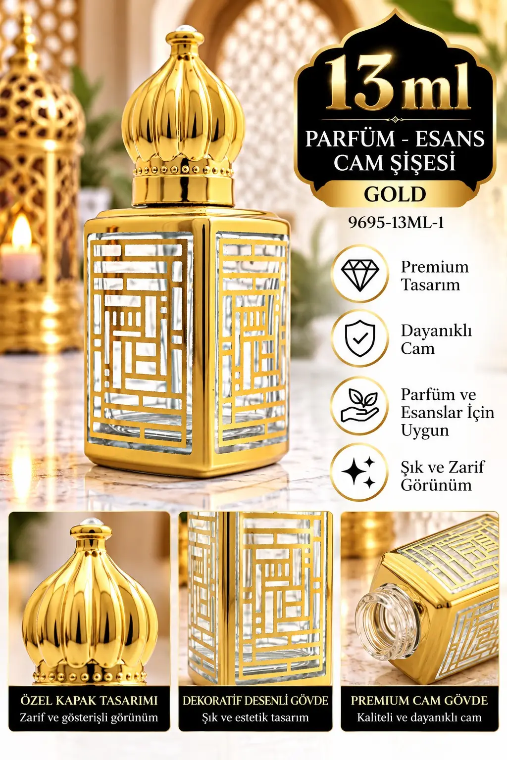 Parfüm Esans Cam Şişesi Gold Boş Esans Şişesi 13 Ml. Premium 9695-13ML-1 Parfüm Esans Cam Şişesi Gold Boş Esans Şişesi 13 Ml. Premium 9695-13ML-1