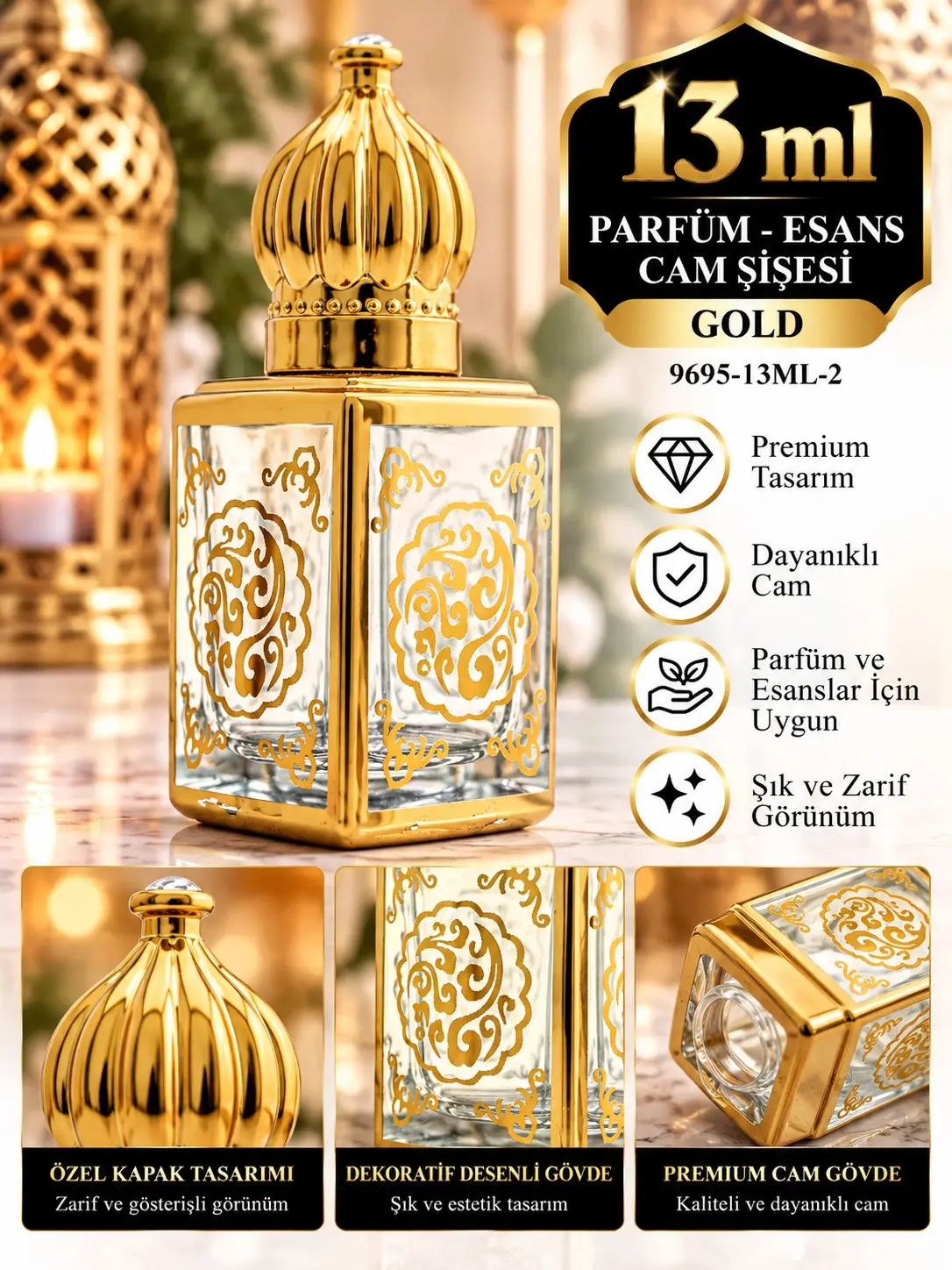 Parfüm Esans Cam Şişesi Gold Boş Esans Şişesi 13 Ml. Premium 9695-13ML-2 Parfüm Esans Cam Şişesi Gold Boş Esans Şişesi 13 Ml. Premium 9695-13ML-2