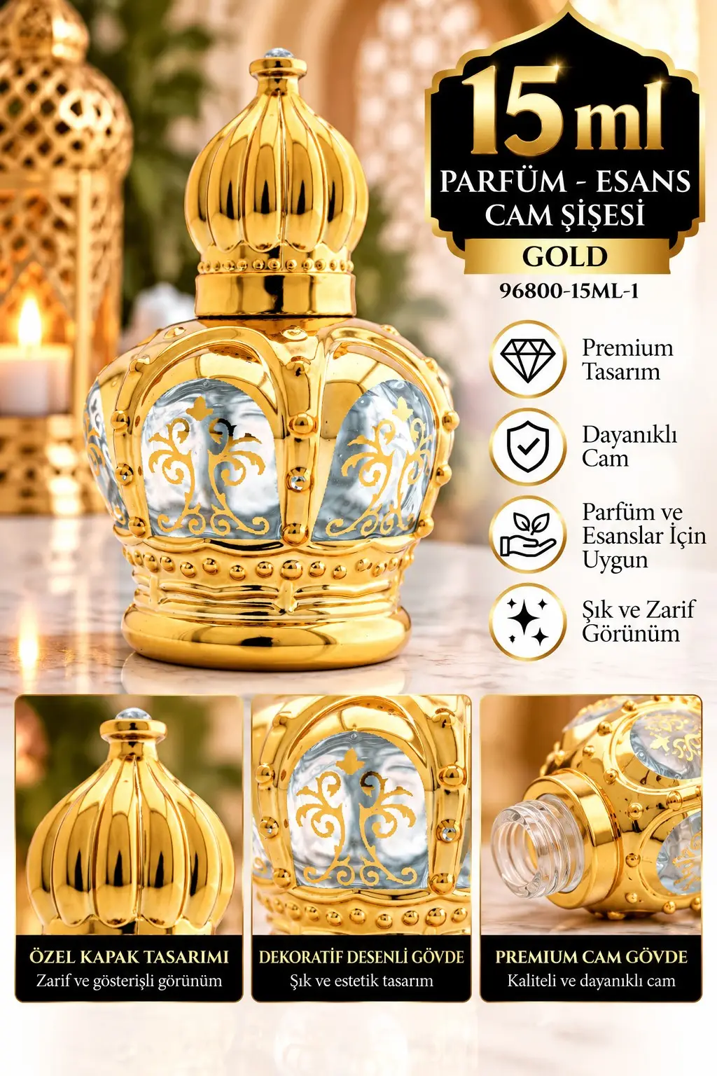 Parfüm Esans Cam Şişesi Gold Boş Esans Şişesi 15 Ml. Premium 96800-15ML-1 Parfüm Esans Cam Şişesi Gold Boş Esans Şişesi 15 Ml. Premium 96800-15ML-1
