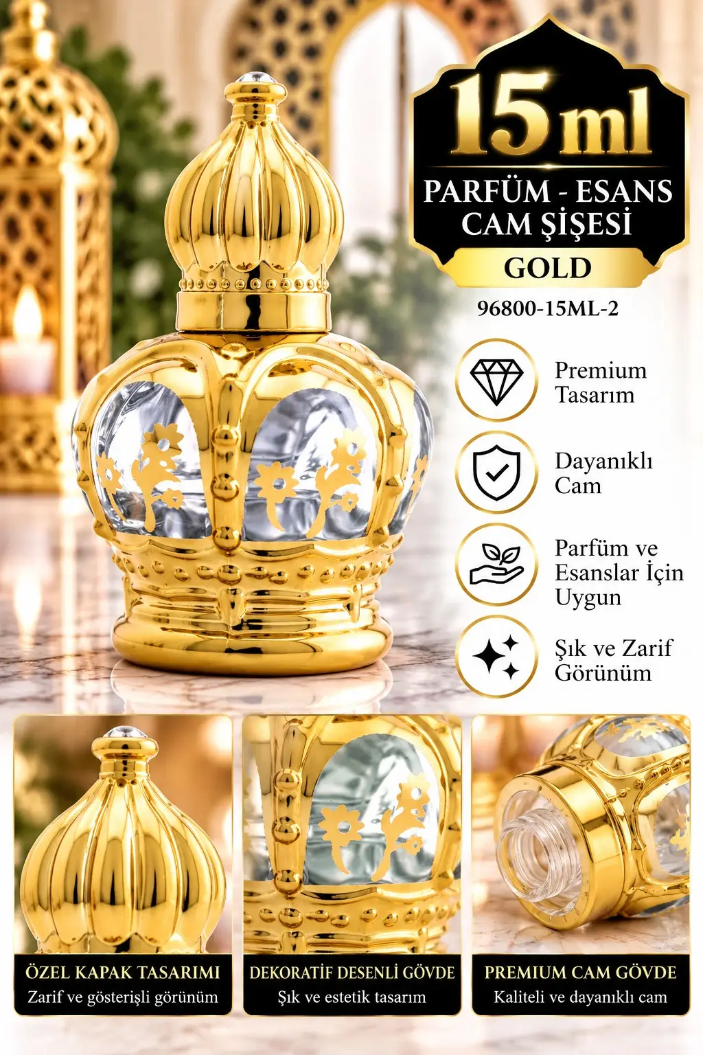 Parfüm Esans Cam Şişesi Gold Boş Esans Şişesi 15 Ml. Premium 96800-15ML-2 Parfüm Esans Cam Şişesi Gold Boş Esans Şişesi 15 Ml. Premium 96800-15ML-2