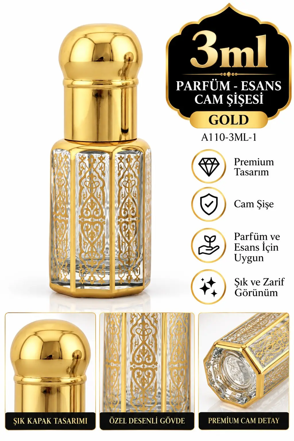 Parfüm Esans Cam Şişesi Gold Boş Esans Şişesi 3 Ml. Premium A110-3ML-1 Parfüm Esans Cam Şişesi Gold Boş Esans Şişesi 3 Ml. Premium A110-3ML-1