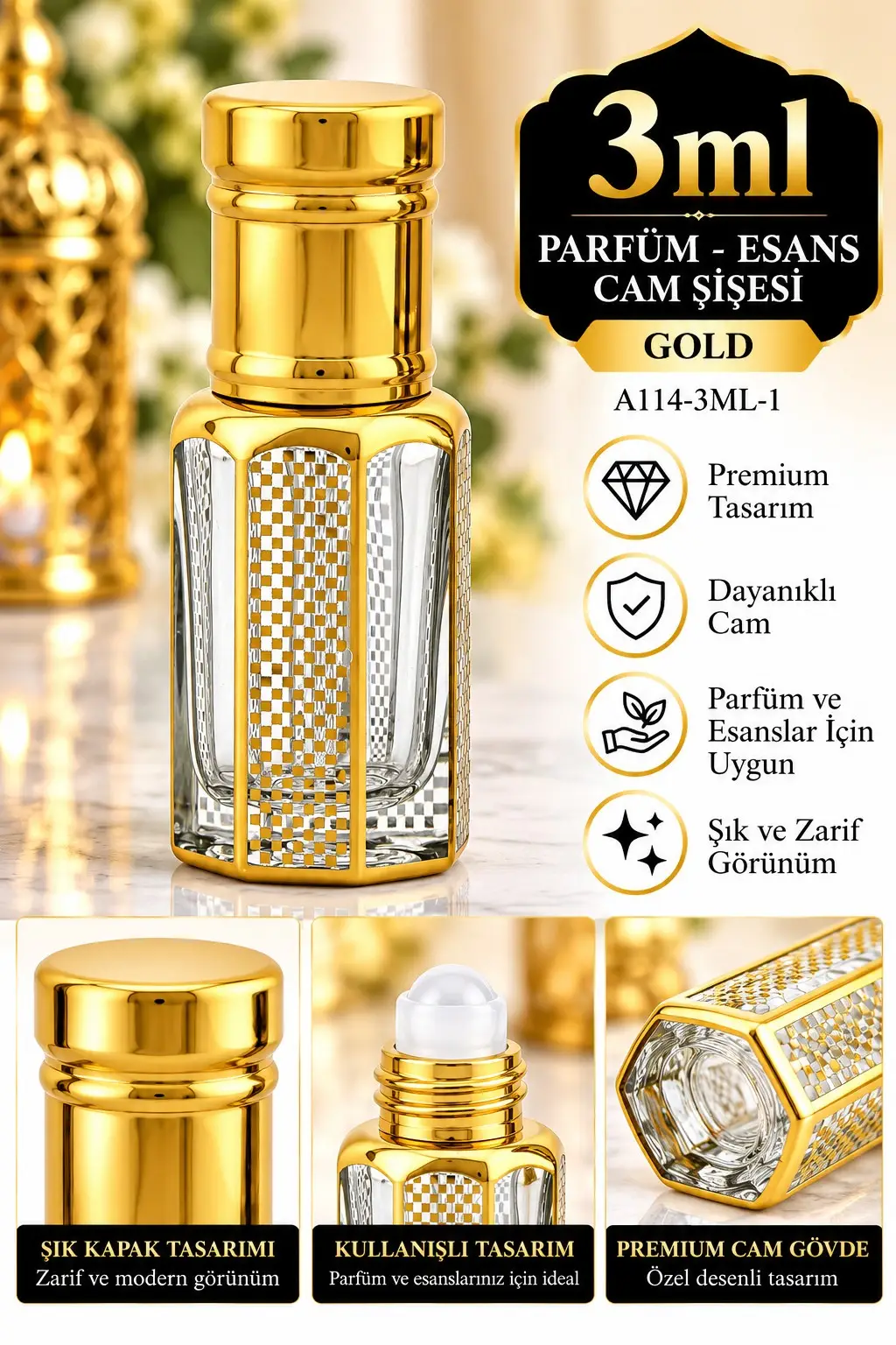 Parfüm Esans Cam Şişesi Gold Boş Esans Şişesi 3 Ml. Premium A114-3ML-1 Parfüm Esans Cam Şişesi Gold Boş Esans Şişesi 3 Ml. Premium A114-3ML-1