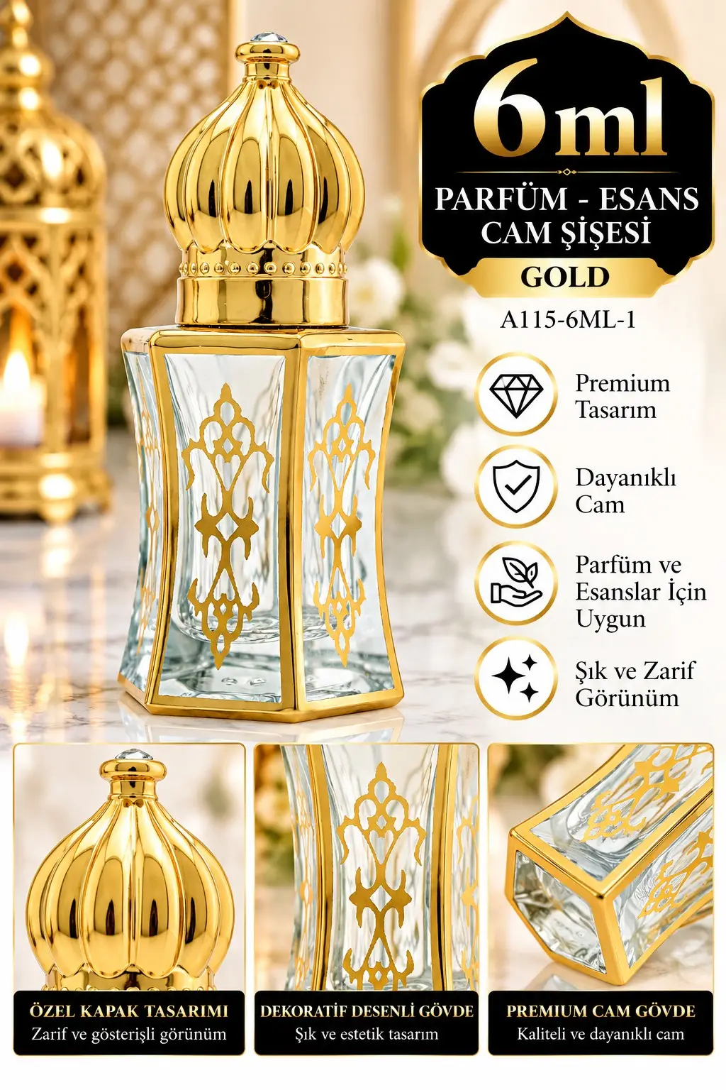 Parfüm Esans Cam Şişesi Gold Boş Esans Şişesi 6 Ml. Premium A115-6ML-1 Parfüm Esans Cam Şişesi Gold Boş Esans Şişesi 6 Ml. Premium A115-6ML-1