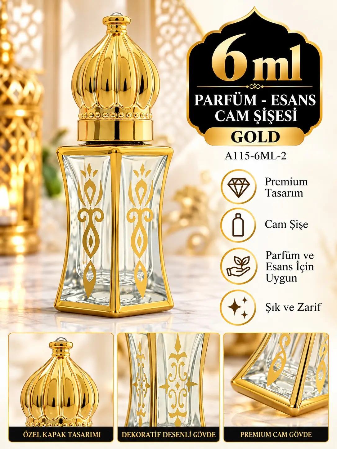 Parfüm Esans Cam Şişesi Gold Boş Esans Şişesi 6 Ml. Premium A115-6ML-2 Parfüm Esans Cam Şişesi Gold Boş Esans Şişesi 6 Ml. Premium A115-6ML-2