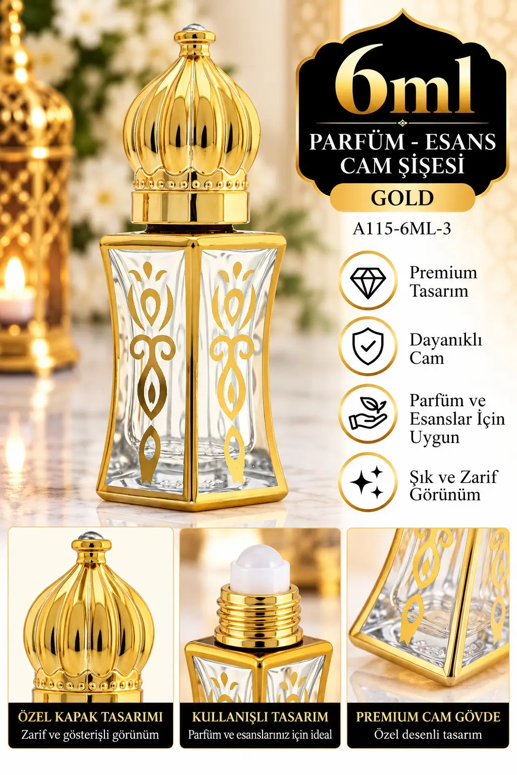 Parfüm Esans Cam Şişesi Gold Boş Esans Şişesi 6 Ml. Premium A115-6ML-3 Parfüm Esans Cam Şişesi Gold Boş Esans Şişesi 6 Ml. Premium A115-6ML-3