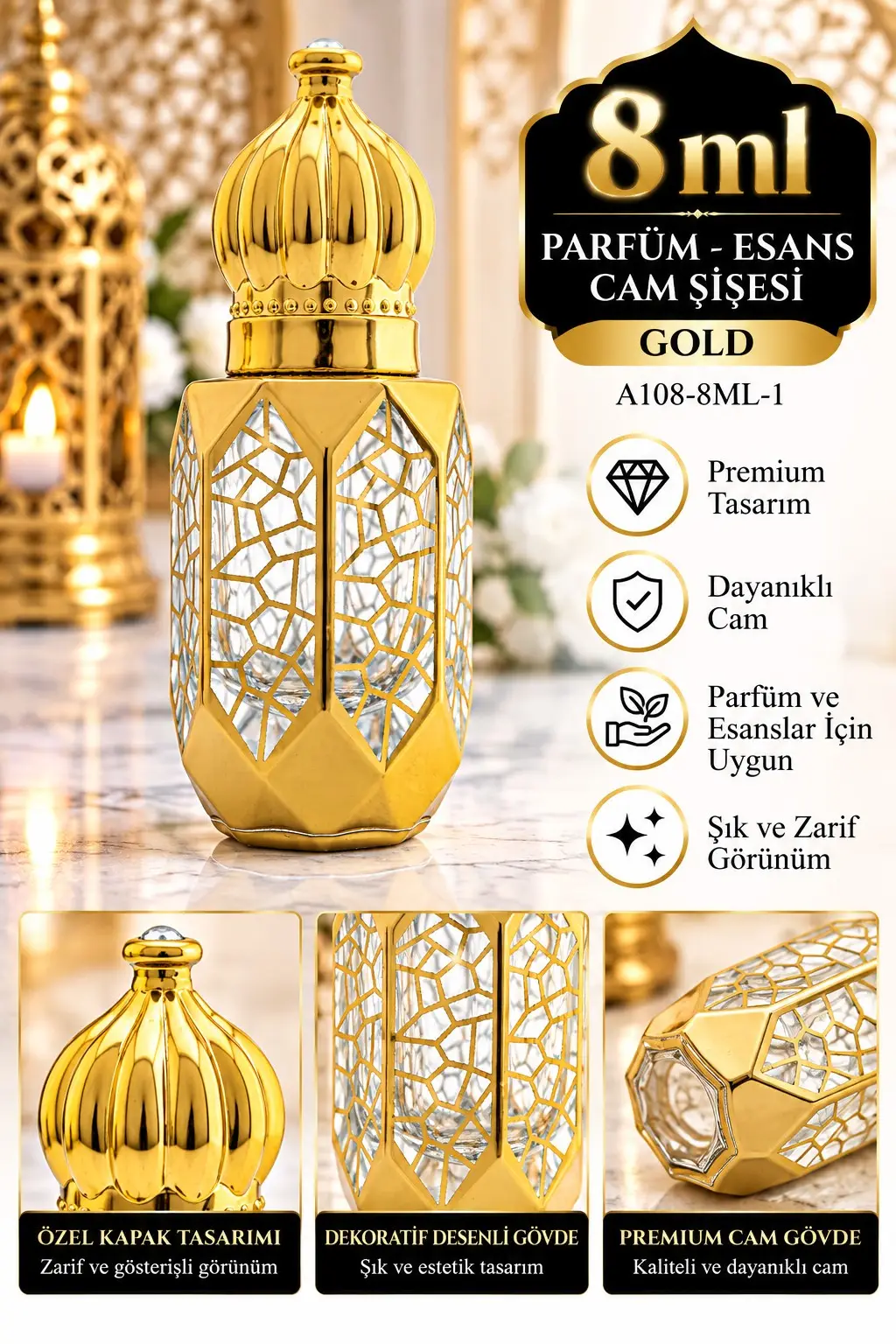 Parfüm Esans Cam Şişesi Gold Boş Esans Şişesi 8 Ml. Premium A108-8ML-1 Parfüm Esans Cam Şişesi Gold Boş Esans Şişesi 8 Ml. Premium A108-8ML-1