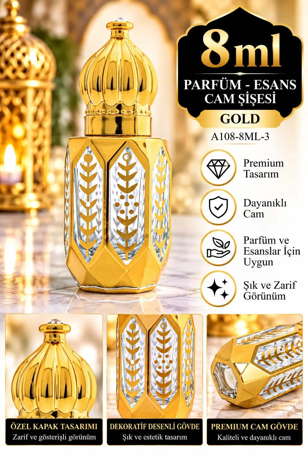 Parfüm Esans Cam Şişesi Gold Boş Esans Şişesi 8 Ml. Premium A108-8ML-3 Parfüm Esans Cam Şişesi Gold Boş Esans Şişesi 8 Ml. Premium A108-8ML-3
