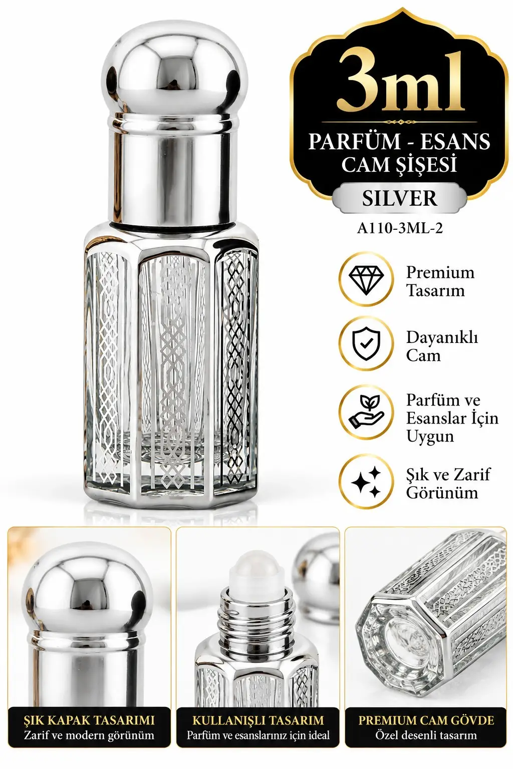 Parfüm Esans Cam Şişesi Silver Boş Esans Şişesi 3 Ml. Premium A110-3ML-2 Parfüm Esans Cam Şişesi Silver Boş Esans Şişesi 3 Ml. Premium A110-3ML-2