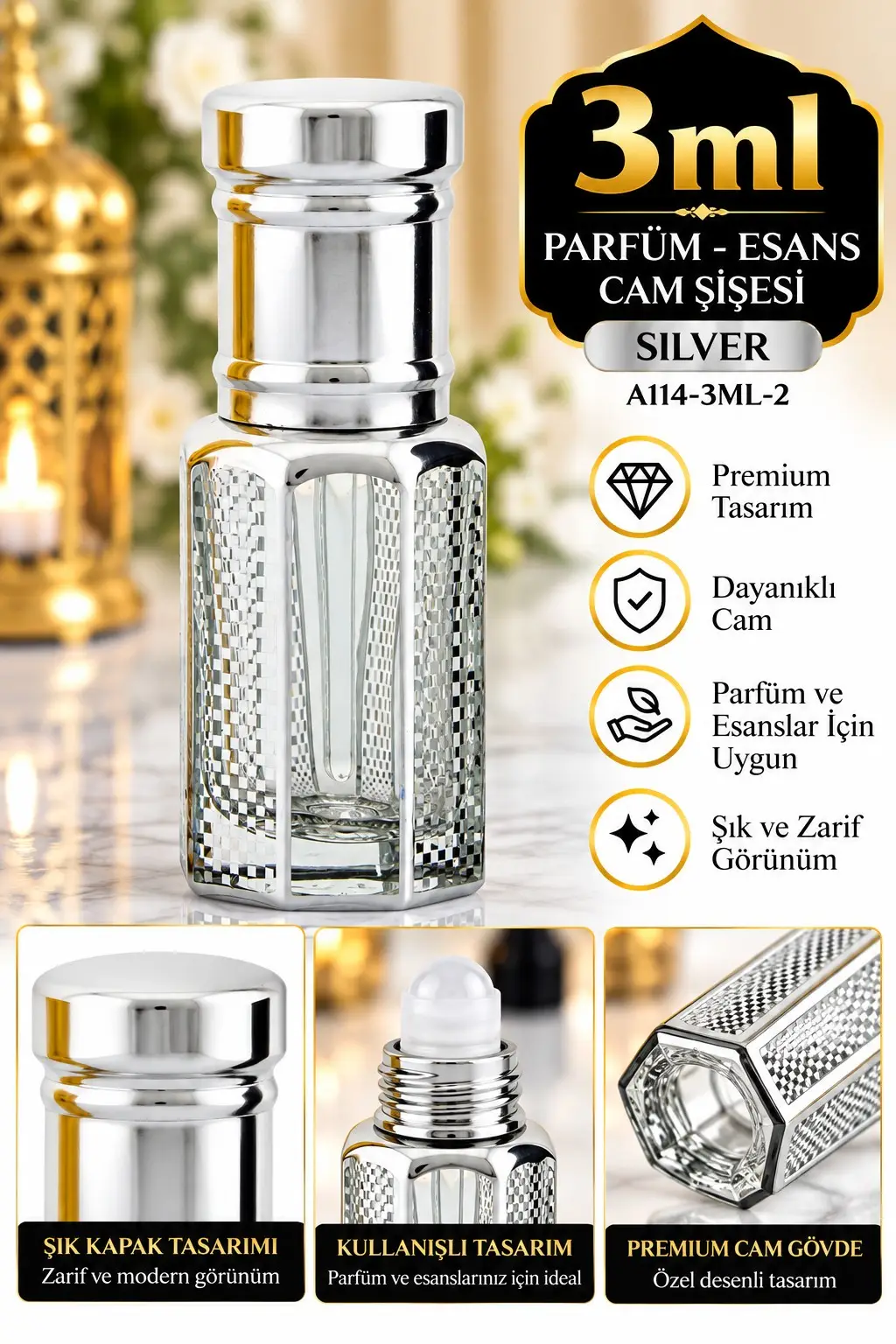 Parfüm Esans Cam Şişesi Silver Boş Esans Şişesi 3 Ml. Premium A114-3ML-2 Parfüm Esans Cam Şişesi Silver Boş Esans Şişesi 3 Ml. Premium A114-3ML-2
