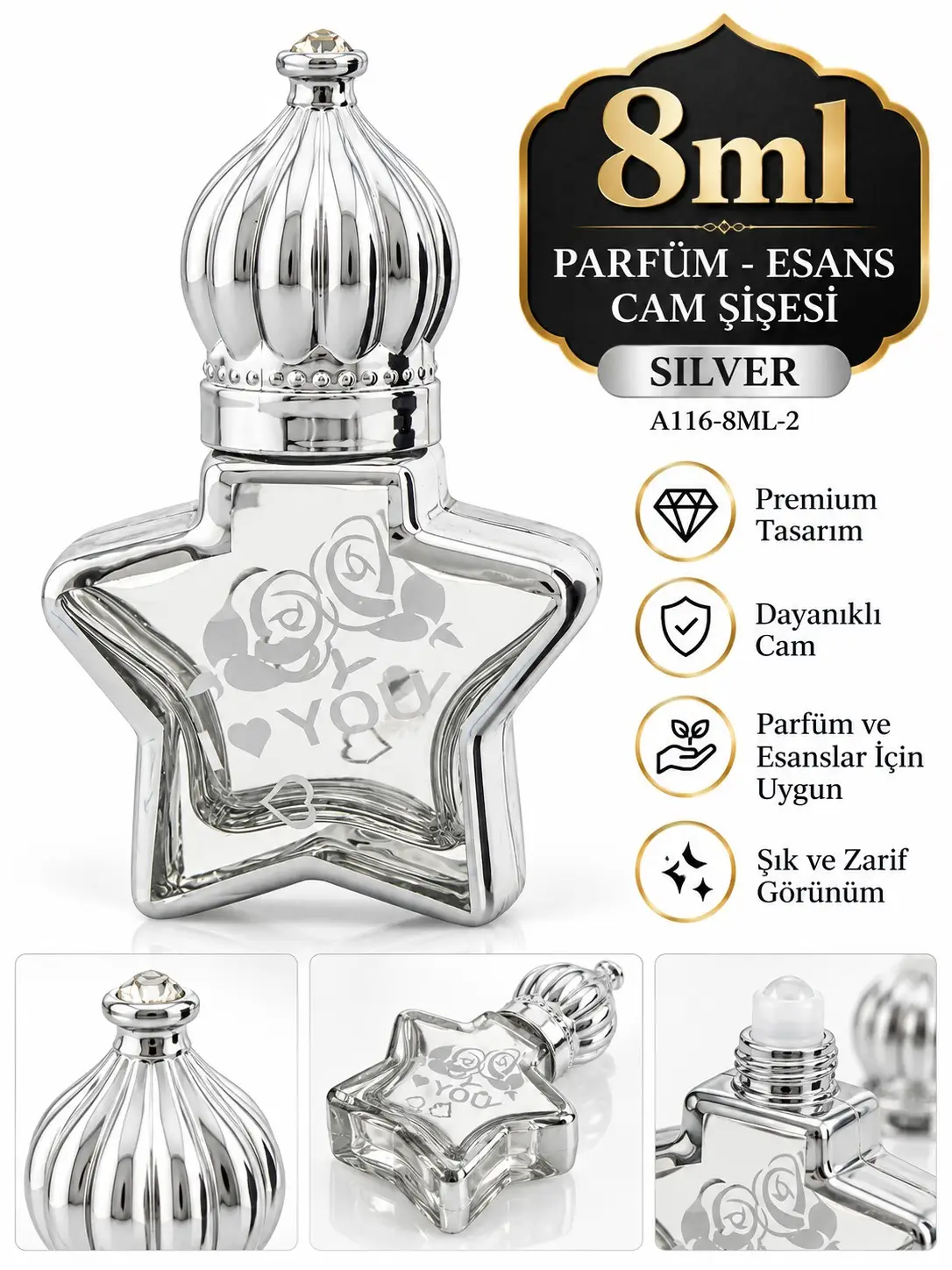 Parfüm Esans Cam Şişesi Silver Boş Esans Şişesi 8 Ml. Premium A116-8ML-2 Parfüm Esans Cam Şişesi Silver Boş Esans Şişesi 8 Ml. Premium A116-8ML-2