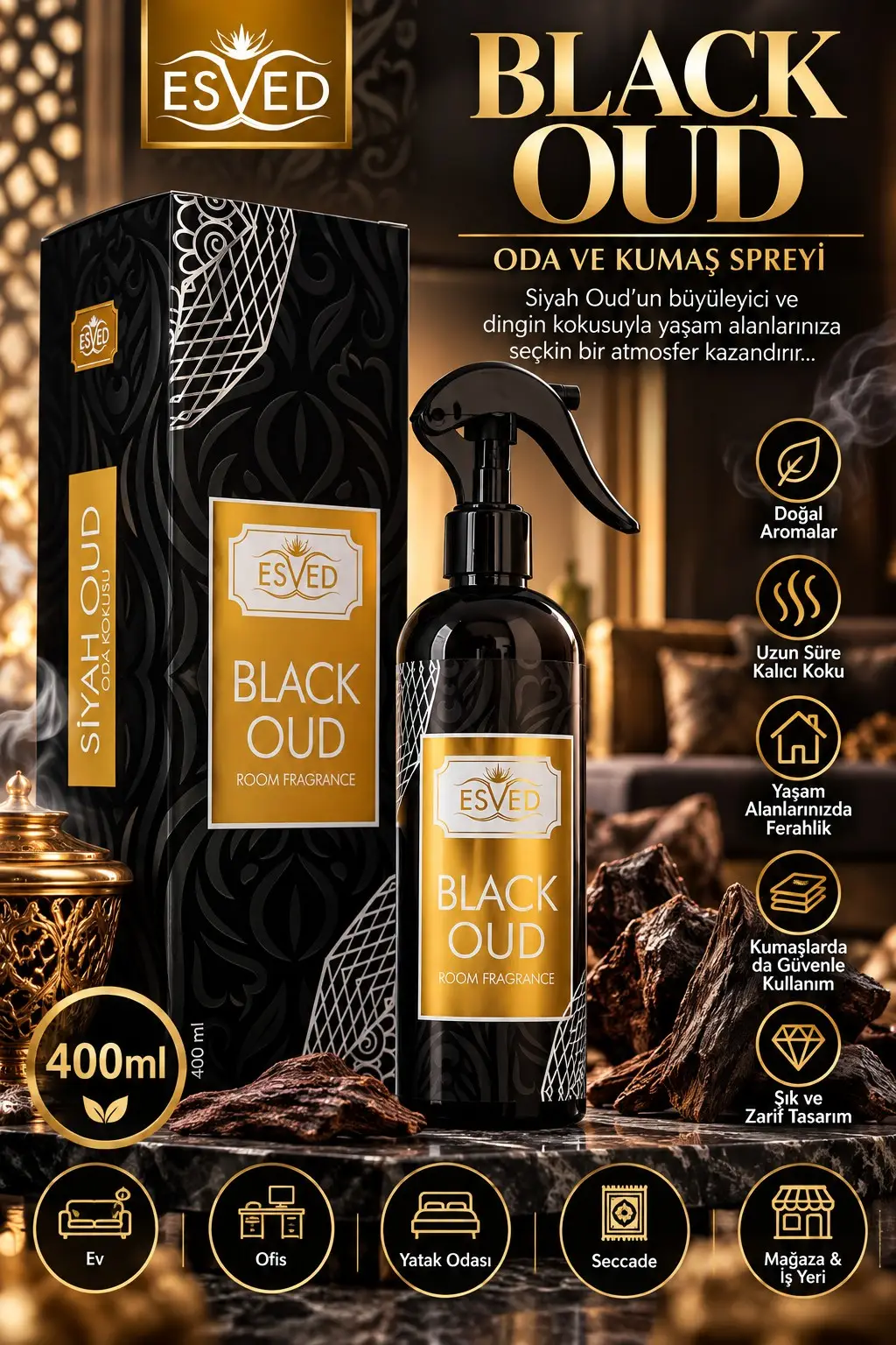 Siyah Oud & Black Oud Oda Ve Kumaş Spreyi Seccade Spreyi Oda Kokusu Koku 400 ml